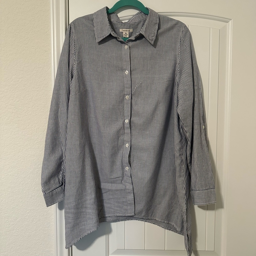 Westbound 100% Cotton Blue and White Striped Button Down Shirt Women Size XL